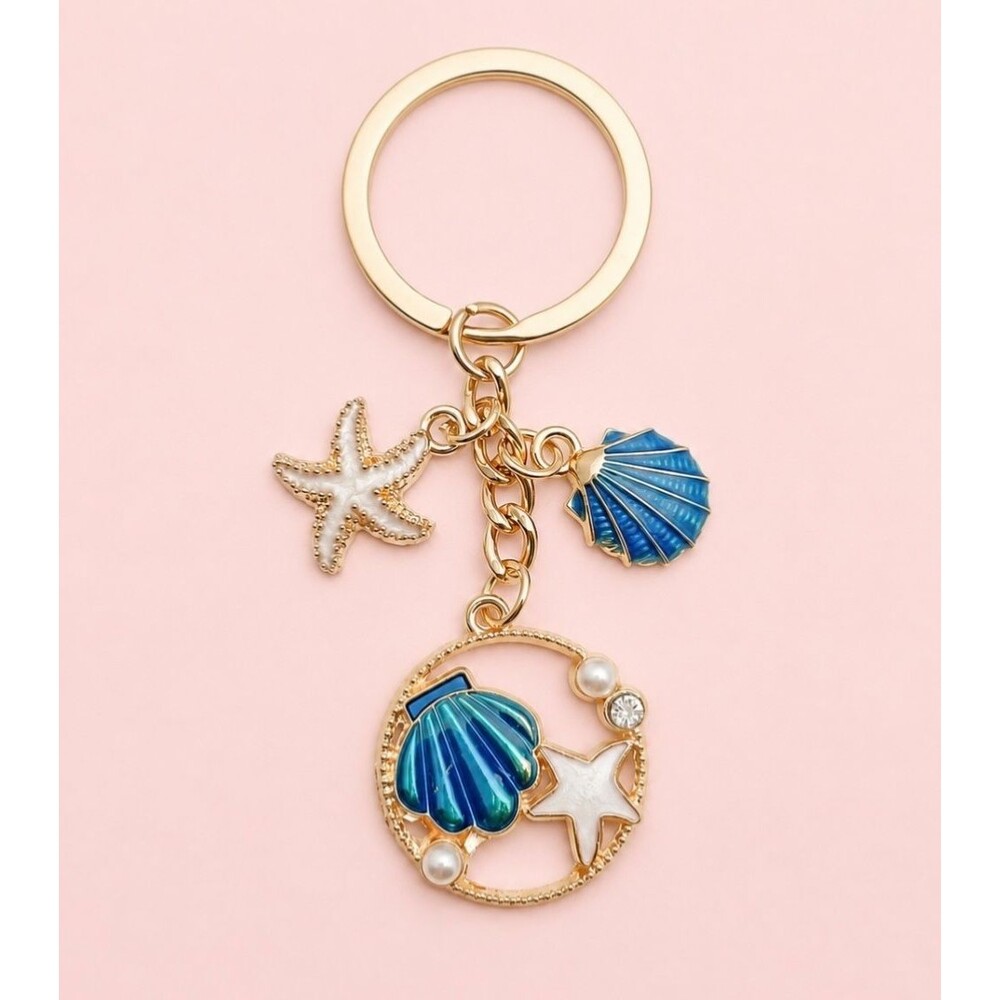 Gold Ocean Starfish Seashell Enamel Keychain Bag Charm Faux Pearl Rhinestone NIP